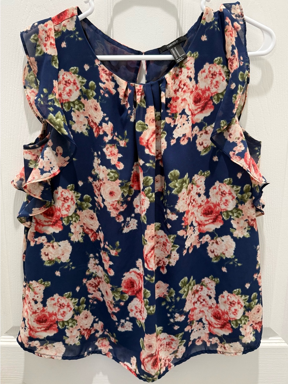 Forever 21 Navy Floral Ruffle-Sleeve Blouse Medium
